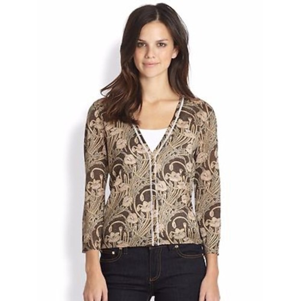 Tory Burch Vanessa Metallic‎ Floral Jacquard Cardigan – Brown & Gold